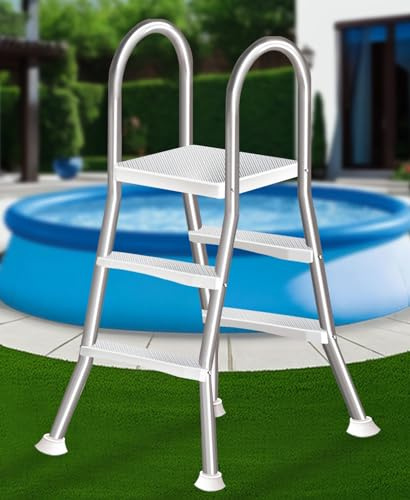135 cm Lange Pooltreppe mit 4 Stufen, A-förmige Edelstahl-Poolleiter für Aufstellpools, rutschfeste breite Stufen, rostbeständig, Tragkraft 250 kg,85cm