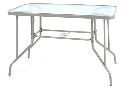 Nexos Bistrotisch eckig grau Balkontisch mit Glasplatte Schirmständerloch Gartentisch Glastisch Esstisch