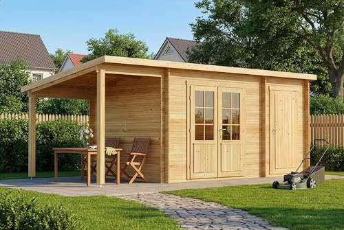 Alpholz Gartenhaus Maria mit Anbau & Schleppdach aus naturbelassenem Holz 598 x 272 cm mit 28 mm Wandstärke
