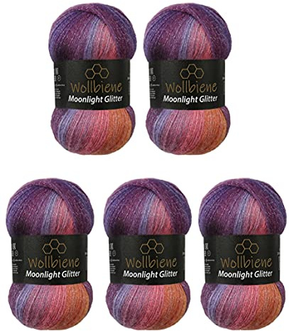 Moonlight Glitter Batik Simli 5 x 100g Strickwolle 500 Gramm Wolle zum Stricken und Häkeln 20% Wolle Metallic-Wolle Farbverlaufswolle Glitzerwolle (5600 lila beere orange)