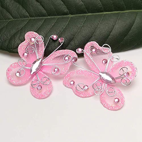 MOUMOUTEN 24 Stück Schmetterlinge Wanddeko transparente Mesh Glitzer | Schmetterlinge für Party Hochzeit Dekoration Rosa