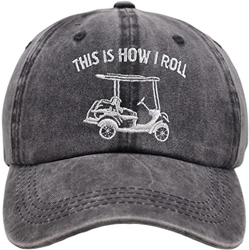 Kamaple This is How I Roll Golf Cart Hat, Funny Golfers Adjustable Cotton Denim Baseball Cap for Men & Women (Embroidered Black, One Size)