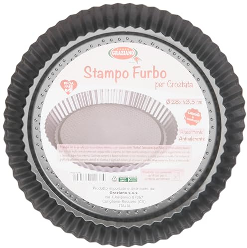 Graziano, Furbo - Molde para tartas, hecho de acero al carbono y equipado con revestimiento antiadherente, ideal para hacer pasteles dulces y salados, color negro, diámetro 28 cm