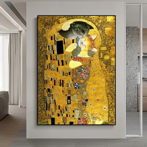 TANYANG Abstracto Dos Gatos Amante Besando La Creatividad El Beso De Gustav Klimt Arte Lienzo Pintura Póster Pared Imágenes Artísticas Habitación Decoración Del Hogar 40X50Cm Sin Marco