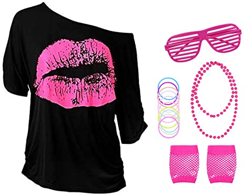 Aomig 80er-Jahre-Kostüm-Set, T-Shirt mit Lippendruck, 1980, Partykostüm