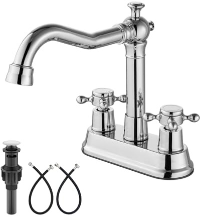 Aolemi 4 Inch Centerset Bathroom Sink Taps Vintage 2 Cross Handles RV Mixer Faucets Basin Vanity Lavatory Utility for Sink 3 Hole Include Water Hose Pop Up Drain with Metal Cover Polish Chrome