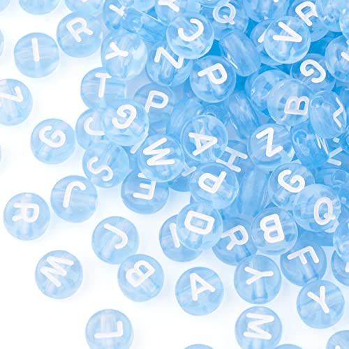 PandaHall 370 Stück transparente Acryl-Alphabet-Perlen 7 mm flache runde Münze A-Z Buchstabenperlen kornblau glatte Abstandshalter lose Perlen für Armband, zufällige gemischte Buchstaben