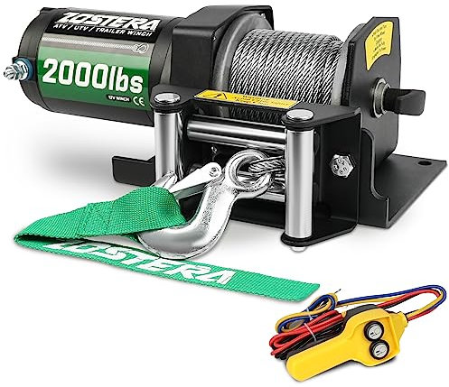 Zostera 2000lb Winch for ATV,Small Electric Winch 12V with Steel Cable,ATV Winch with Wired Manual Remote Control Switch,IP65 Waterproof,with Mounting Plate,with Roller Fairlead&Hook