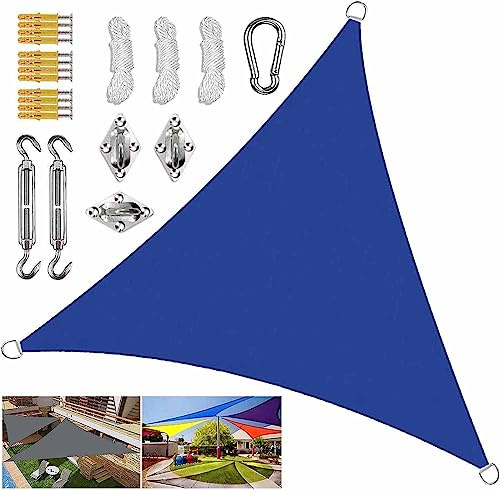 Vele ombreggianti triangolari for tende da sole blu for coperta, cortile, giardino, vela parasole con kit di fissaggio for impieghi gravosi, vele parasole resistenti al vento, resistenti ai raggi UV (