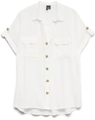 Vero Moda Camisa de Manga Corta a Rayas para Mujer con Bolsillos en el Pecho y Solapa de Botones, Blanco, XL