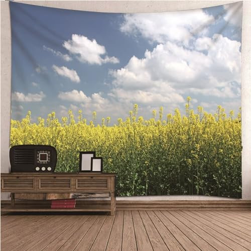 Aotiwe Wandtücher, Wandbehang Wohnzimmer Rapsfeld mit Himmel und Weißen Wolken Blau Gelb Wandteppich aus Polyester Schlafzimmer Deko Wand 350x256cm