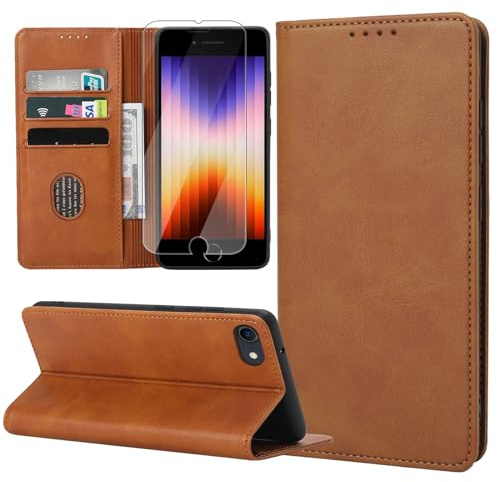 ZYIMOU iPhone SE 2022/ SE 2020/ 8/ 7 Handyhülle mit Schutzfolie, Leder Schutzhülle Standfunktion Kartenfach Wallet Klapphülle Flip Case Cover, Braun