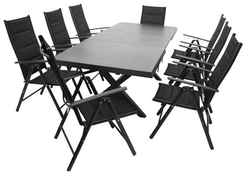 DEGAMO Gartengarnitur Sitzgruppe Almada 9-teilig, 8X Klappsessel aus Aluminium anthrazit und gepolstertem Textilgewebe in schwarz + 1x Ausziehtisch Aluminium + Glas 180/240x100cm, anthrazit