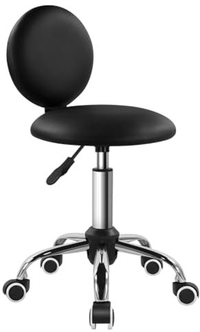 FURWOO Taburete redondo con ruedas y respaldo de piel sintética giratoria, silla de belleza con ruedas para barbería (negro)