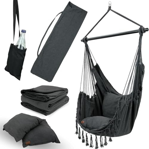 deluxe4home® Hängesessel mit 2 Kissen Anthrazit + Kuscheldecke I Inkl. Getränkehalter und Bücherfach I Hängeschaukel belastbar bis 120 kg I Indoor & Outdoor Hängestuhl Deckenschaukel