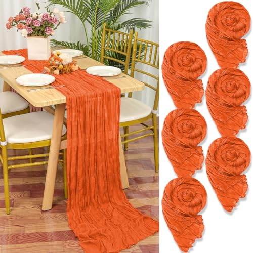 6 Stück Seihtuch Tischläufer Orange, 55 x 300 cm Rustikaler Gaze Stoff Boho Käsetuch Cheesecloth für Hochzeitsfeier Brautparty Tischdekoration