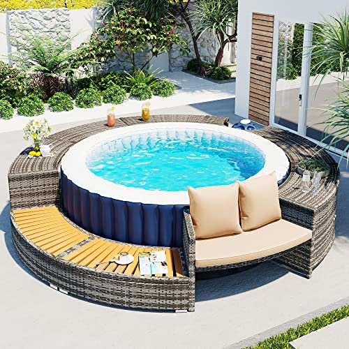 Soweiz Conjunto de muebles de jardín de ratán de polietileno gris y madera de acacia con espacio de almacenamiento, juego de salón con patas ajustables, incluye cojines para jacuzzi y piscina