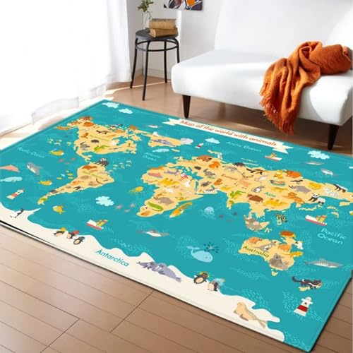Kind Teppich 200 X 300 cm, Schlafzimmer Teppich, 3D Teppiche Wohnzimmer Teppiche Weich rutschfest Teppich Für Wohnzimmer Schlafzimmer Bettvorleger Cartoon-Weltkarte -7I2A0E1G4T0