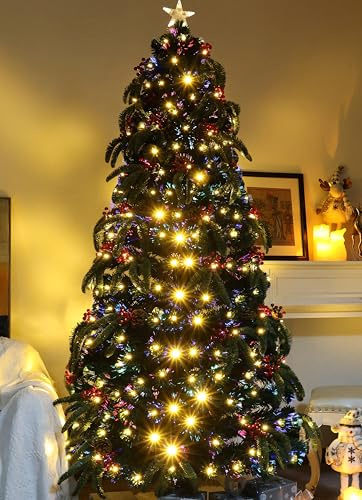 Asinse 7ft Fiber Optic Christmas Tree with 8-Function LED Lights, PE+PVC Branches, Red Berries, Pine Cones, and Star Tree Topper - 300 Branches, Metal Satnd, Christmas Decor