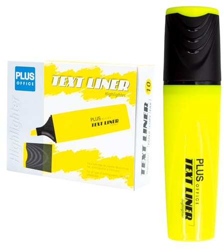 Plus Office Textmarker, Textmarker mit abgeschrägter Spitze, Packung mit 10 fluoreszierenden Filzstiften auf Wasserbasis, Neon (Gelb)