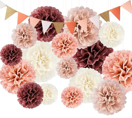 TREABEAR 26Pcs Decorazioni Festa Set, Fiori Di Carta per Decorazioni Compleanno, Fiori Di Carta Decorazioni Prima Comunione, Bandierine Colorate, Baby Shower Decorazioni, Decorazioni Battesimo Bimbo