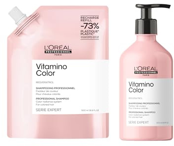 L’Oréal Professionnel, Pack Sostenible, Champú y Recarga Profesional, Protector de Color con Resveratrol, para Cabello Teñido o con Mechas, Vitamino Color, 500 ml + 500 ml