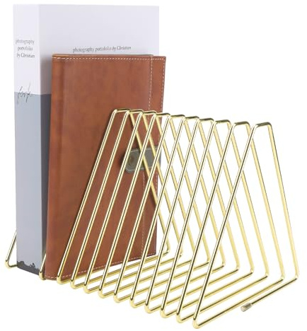 Elastische dekorative Buchstütze für Schreibtisch, 11 Fächer, elastischer Aktenordner, Organizer, dehnbares Eisen, Dreieck, Bücherregalhalter für Zuhause, Büro (Gold)