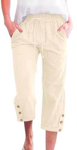 Voqeen Pantalon Femme Été Léger 3/4 Pantacourt Fluide Elastique avec Poches Coton Vêtement Chic Elegant Décontractée Pants de Plage