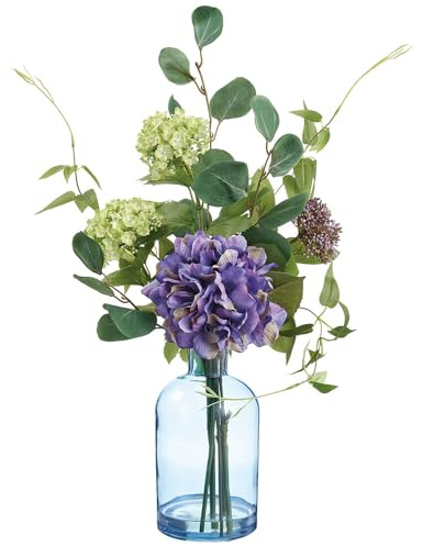 SilksAreForever 20 Hydrangea, Snowball & Sedum Silk Flower Arrangement w/Glass Vase -Purple/Green (Pack of 4)