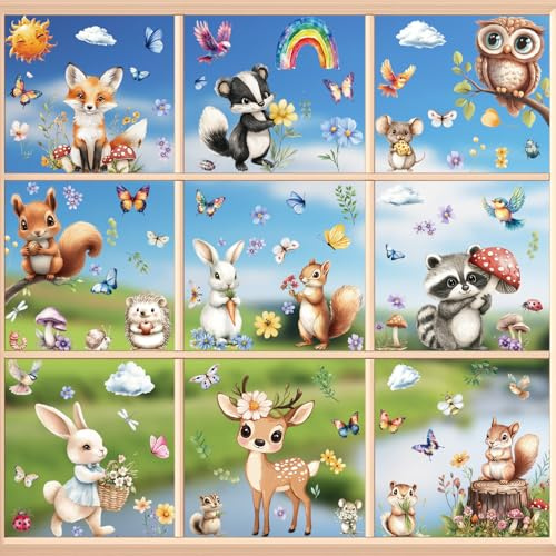 Fensterbilder Frühling Selbstklebend, 9 Blätter Kleintiere Fenstersticker Frühling Deko, Fensteraufkleber Wiederverwendbar für Fensterdeko Kinderzimmer