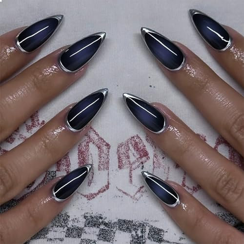 GlamRays 24 Stück Press on Nails Mittel Square Head Blau Gradual Change Y2K Ästhetik Cat Eye Abdeckung Voll Finger Nail Art Set Falsch Nails Gel Klebe auf Nails