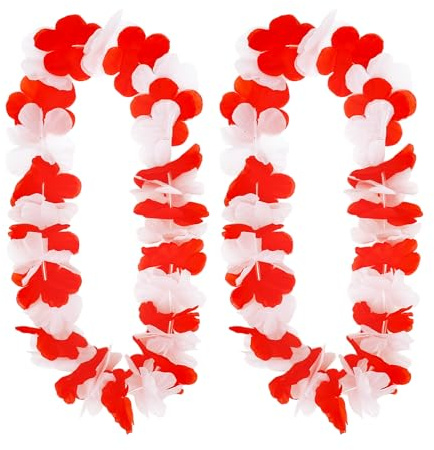 ALEGRE® Karneval Blumenkette Rot Weiß,2 Stk Karneval Deko Hawaii Kette Blumen,Foto Requisiten Blumenketten,Rot Weiß Blumen Kette für Hawaii, Geburtstag, Strand Tropisch, Karnevals Verkleidungs Zubehör