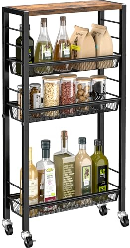 Slim Rolling Cart, 4-Tier Narrow Kitchen Storage Cart, Slim Utility Cart on Wheel, Skinny Bathroom storage cart with Wood Tabletop, 6.0 Deep, For Kitchen, Dining Room, Living Room, Laundry Room