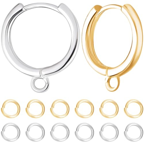 Beebeecraft 1 låda 20 st huggie ring örhänge fynd 18K guld och 925 sterling silverpläterad mässingsspak tillbaka örhänge krok 17 x 14 mm huggie örhänge med ögla för smyckestillverkning