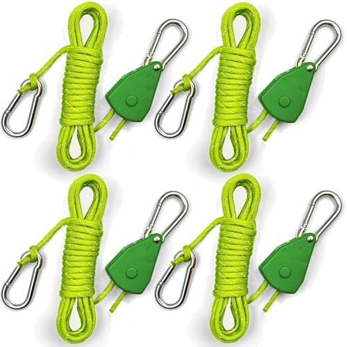 Longer 15ft Paracord Rope Tie Down Ratchet Strap Small Reflective Portable Adjustable Fix Camping Rope Tent Tarp Tie Downs Grow Plant Light Hangers Pulley Tightener Tensioner Adjuster 1/8in 4Pack