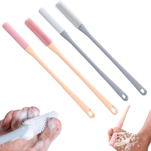 4stk Fußbürste Für Die Dusche, Zehenspalt Reinigungsbürste mit Langem Stiel, Silikonborsten Fußbürste, Zehenreinigungsbürste + Zehen-Anti-Juckreiz-Bürste, 40cm Verlängerter Griff Fußbürste