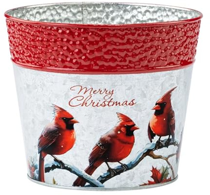 Napco Merry Christmas Cardinals Metal Pot Cover - Festive Red Bird & Winter Branch Holiday Planter 6 Inch Tall Galvanized Tin Bucket Planter for Christmas Decor & Gifts