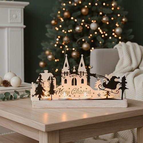 Weihnachts Teelichthalter mit Schatteneffekt, Adventskranz aus Holz & Metall, 28 x 12,5 x 8 cm, Weihnachtsdeko mit Schlittenmotiv