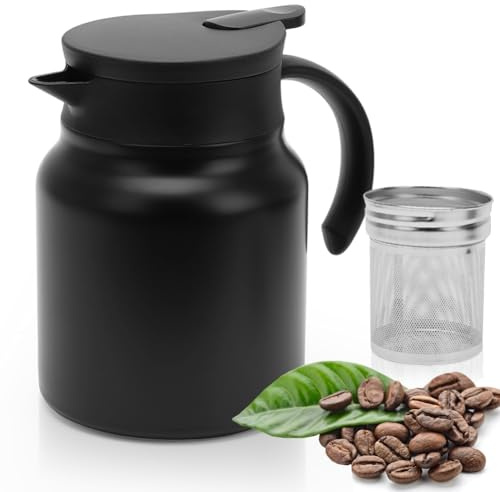 Ranjima 1 000 ml kaffekanna, termisk kaffekanna, svart termos med siktinsats, dubbelväggig tekanna i rostfritt stål termo för varma drycker, isoleringskanna för kaffe, te, mjölk