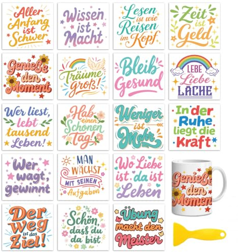 Peacoblue Rub on Aufkleber,Deutsche Worte Transfersticker UV DTF | 18 Blatt wasserfeste UV DTF sticker Rub On Folien für Holz, Glas, Metall, Becher, Spiegel und DIY Wohndekoration