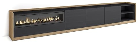 Skraut Home | Mueble TV | Televisión | Muebles de salón, almacenaje | 310x50x37 cm | para TV hasta 80 | Chimenea eléctrica | Estilo Moderno | Negro y Roble