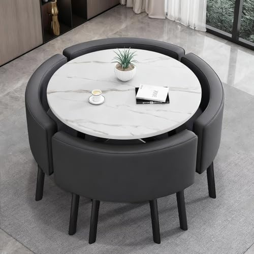 VTELGT Esstisch und 4 Stuhlset, 90cm Runder Esstisch und 4 Kunstleder Esszimmerstühle,platzsparendes für Küche, Wohnzimmer, Balkon, Restaurant, Büro,Weißt + graus