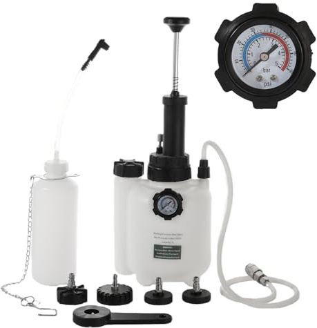3L Bremsenentlüftungsgerät und 1L Bremsflüssigkeits Auffangbehälter – Manuelles Kit für Bremsflüssigkeit Wechsel & Entlüften, E20 Adapter für meisten europäischen Autohauptzylinder (4 Adaptern)