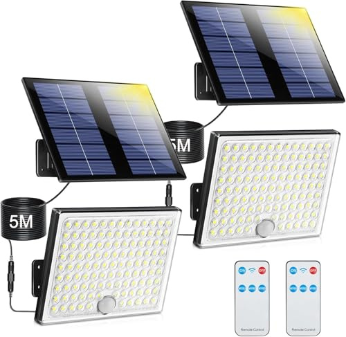 Realky Solar Security Light Outdoor, IP65 Waterproof Wall-Mounted Flood Light with PIR Motion Sensor, 3 Modes Split Solar Wall Light for Yard, Garage,Shed-2PCS
