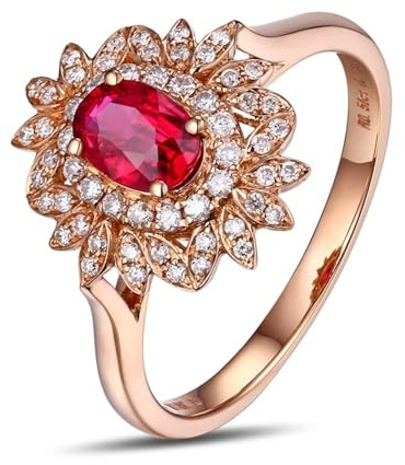 Epinki Echt Gold Eheringe 14K Rosegold 585, Blumen Freundschaftsringe mit Labor Erstellt Rubin Ovalschliff Rot, Ring Labor Erstellt Diamant Au585 Rose Gold, Gr.47-65