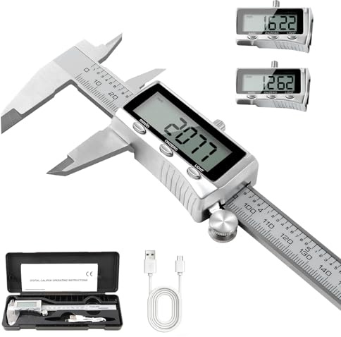 Digitaler Messschieber 150mm Edelstahl, USB-C Wiederaufladbar, IP54 Schutz, ±0,02 mm Präzision, Schieblehre mit Beleuchtetem LCD-Display, mm/Zoll