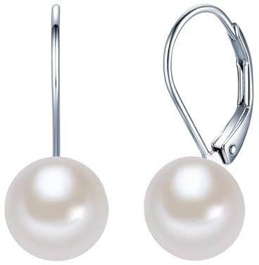 Valero Pearls Damen Ohrringe 925/- Sterling Silber | rhodiniert, Ohrhänger, Süßwasser-Zuchtperle, ca. 8,0 - 9,0 mm, weiß, button