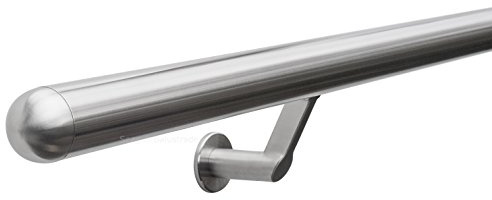 Seagull Balustrades Stainless Steel Handrail for Stairs - 320-Grit Satin Brushed Polished Bannister Rail - Pre-Assembled with Contemporary Wall Brackets - Select Length - Domed End Caps - Made in UK