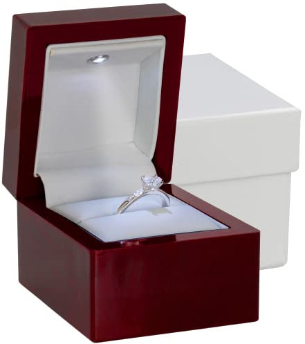 Noble Cherry Boîte à bague avec lumière – Boîte à bague de fiançailles à LED unique pour bague de demande ou occasions spéciales (acajou/blanc)