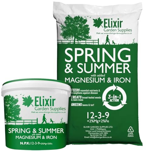 Elixir Gardens UK Spring & Summer Lawn Food/Feed & Granular Compound Turf Fertiliser with added Iron + Magnesium | 1kg-25kg Weights | NPK:12-3-9 + 2% Fe & 2% MgO | 2kg Bag Treats 80m²